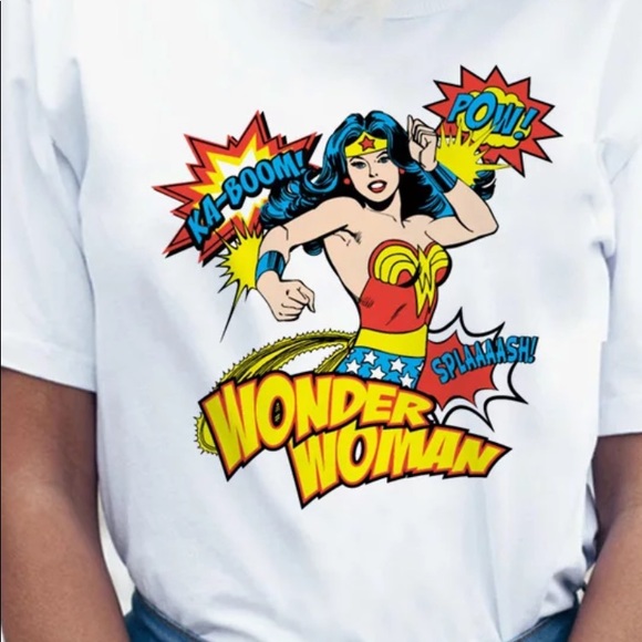 Tops - Wonder Woman shirt, marvel, white cute, summer